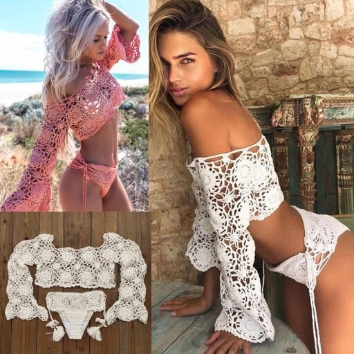 Hand Crochet Bikini Set Women Boho Sexy Cover Up Swimming Trunks Beach