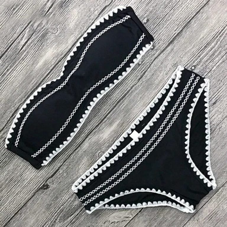 Black And White Crochet Trim Bikini Sets Women Patchwork Back Hook Two