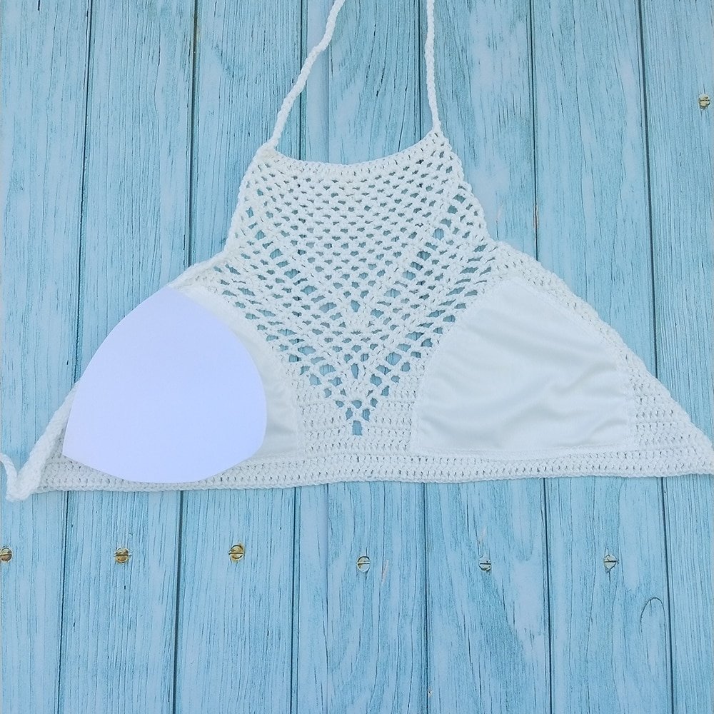 White Women Sexy Bikini Set Crochet High Neck Hollow Halter Swimwear