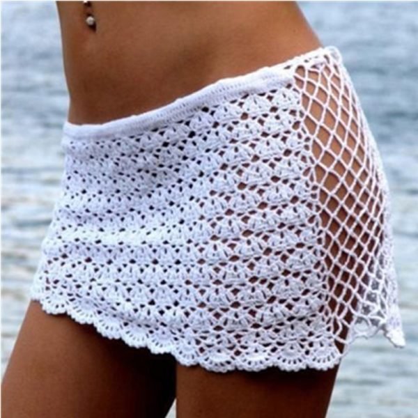 Women Sexy Knit Crochet Bikini Cover Up Skirts Lace Up Bandage High