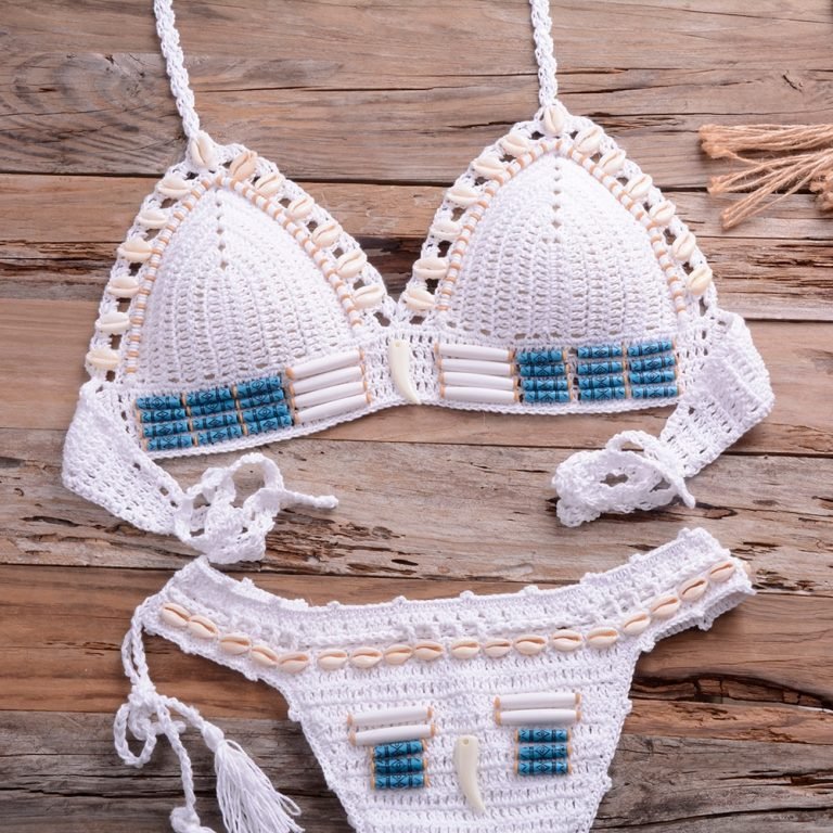 Sexy Blue Shell Beaded Bikinis Set Handmade Crochet High Quality ...