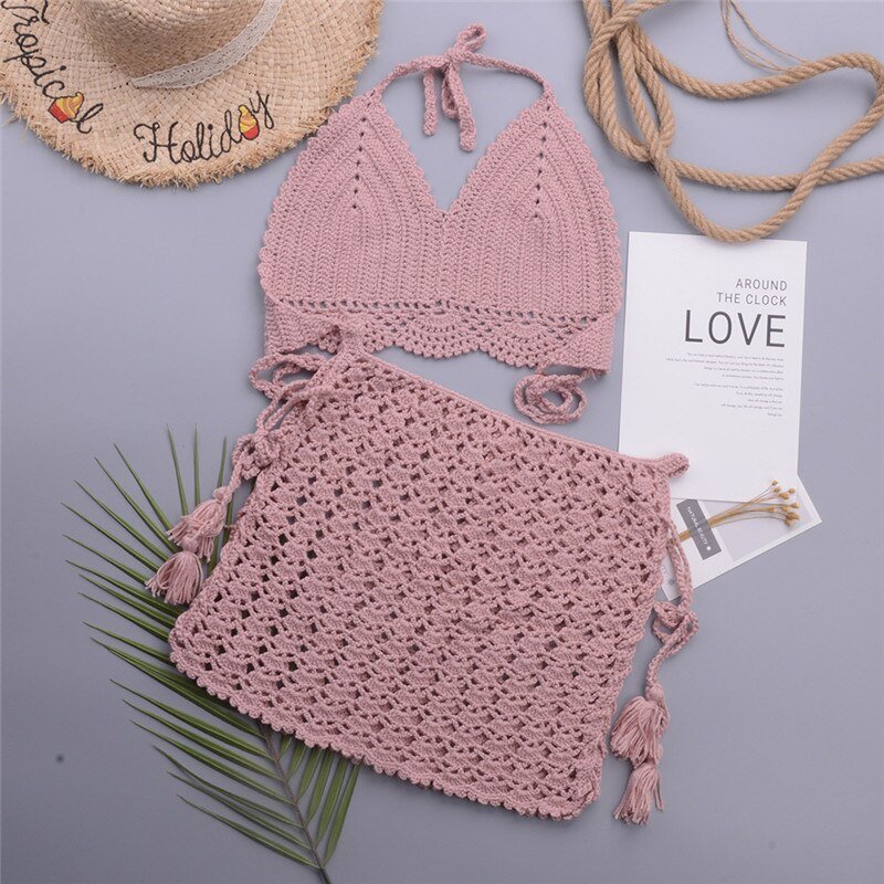 Hand Crochet High Waist Tight Fit Women Beach Skirt Bikini Set Women’s ...